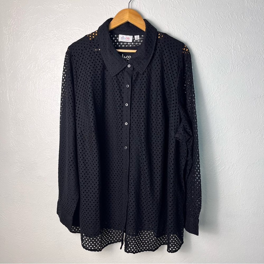 Denim & Co. Black Eyelet Button Up Blouse and Tank 2Pc. Set Size 3X